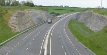 A dramatic cutting through limestone on the M9 Motorway near the Kings River-photo courtesy of Dr. Matthew Parkes, National Museum of Ireland
